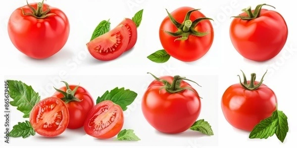 Obraz A set of fresh delicious tomatoes with leaves on a white background