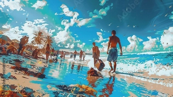 Obraz Athletes participating in beach cleanup before a competition, vibrant, nature, digital art