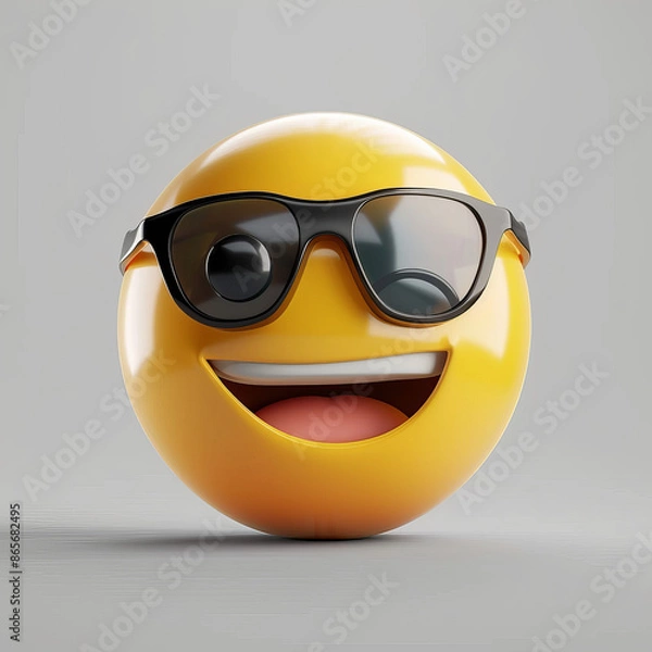 Fototapeta High-quality emoticon featuring a cool smiley face with sunglasses emoji. This happy yellow face emoji wears dark glasses, making it a popular and trendy element for digital communication.