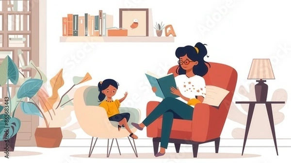 Fototapeta A mother reads a book to her young daughter in a cozy living room. The scene is filled with warmth and emphasizes the importance of early literacy. Generative AI