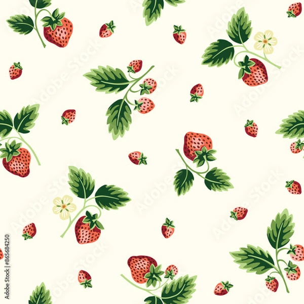 Obraz Cottage Core Garden Strawberry Patch Vector Seamless Pattern. Vintage Feed Sack Backdrop With Nostalgic Retro Design. Fresh Summer Fruit Background