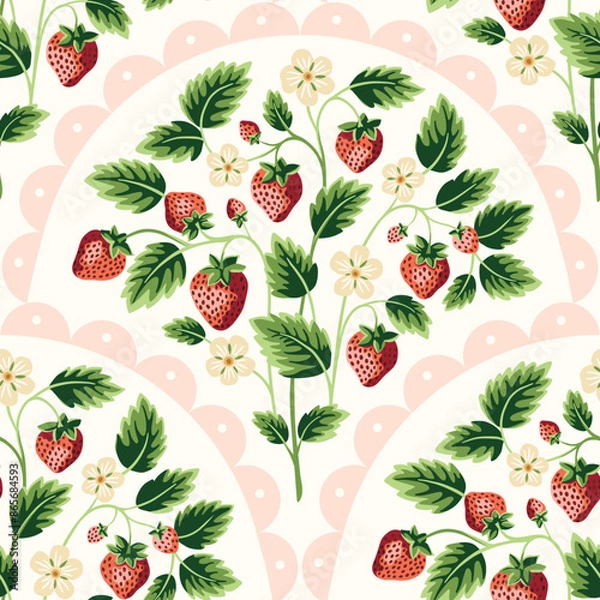 Obraz Cottage Core Garden Strawberries and Scallops Vector Seamless Pattern. Vintage Feed Sack Backdrop With Nostalgic Retro Design. Fresh Summer Fruit Background