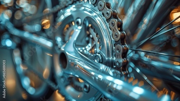Fototapeta Close-up of a bicycle gear and chain in motion, mechanical details and engineering concept
