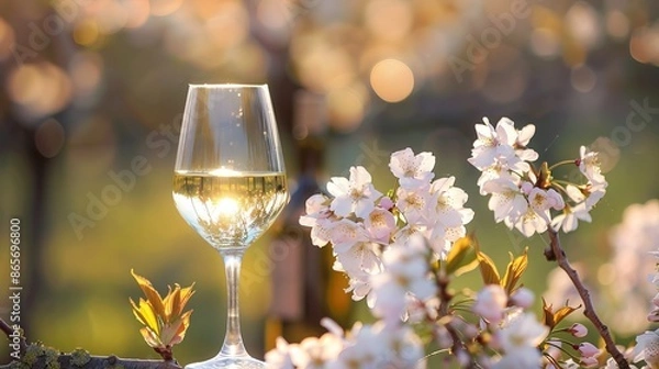 Fototapeta Capture the beauty of wine with a photo of a white wine glass, bottle, and cherry blossoms. This romantic image evokes the joy of spring, perfect for a celebration at a winery.
