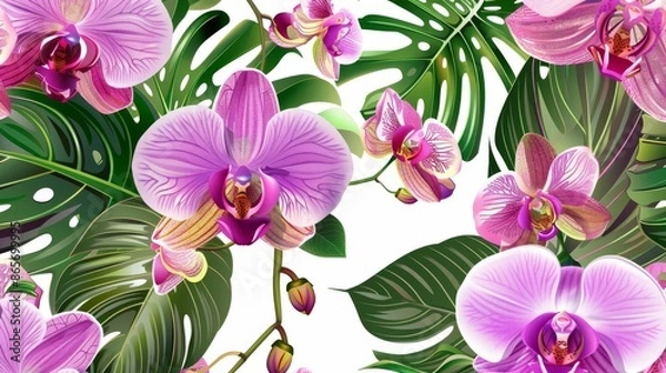Fototapeta Colorful Pattern Flowers. Vector Pattern of Orchid Flowers. Tropical Flower Reference Picture