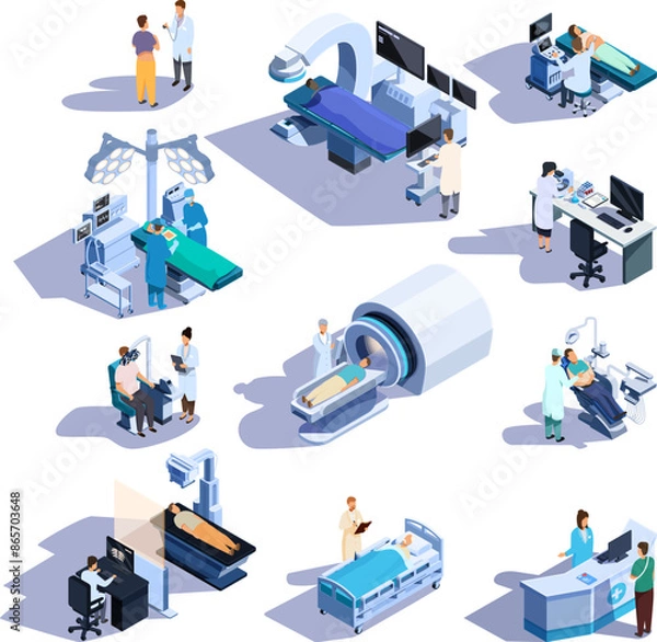 Fototapeta isometric set of medical icons treating and examining a patient by a doctor, vector illustration