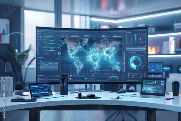 Obraz A modern workspace with a large curved monitor displaying an intricate data map, surrounded by various digital devices connected wirelessly.