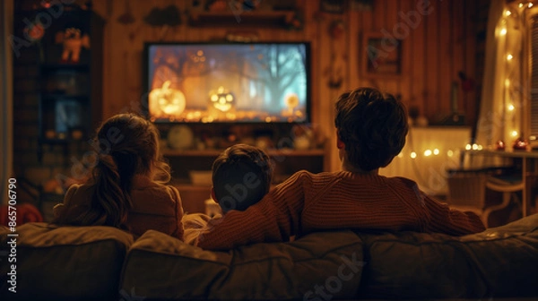 Obraz Family with children on the couch watching a Halloween horror TV show