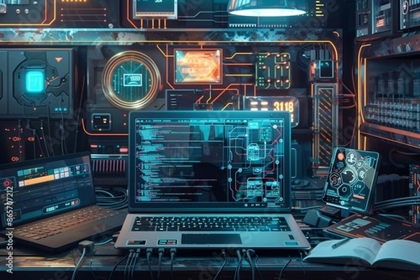 Fototapeta An intricately detailed image of a laptop displaying a live coding session, surrounded by holographic circuit designs and interconnected IoT devices in a futuristic setting.