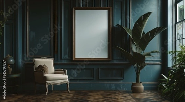 Fototapeta A large blank frame hanging on the wall of a vintage room, with green plants and antique furniture.