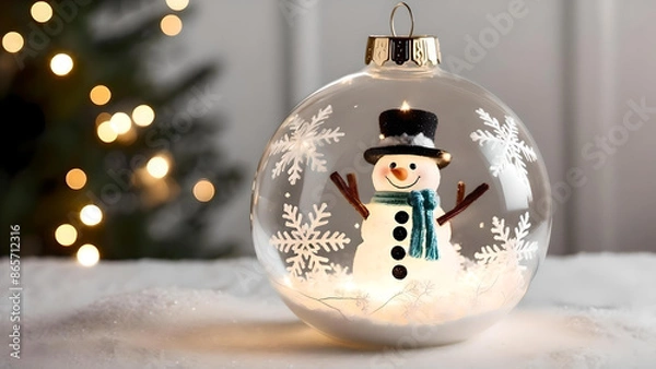 Fototapeta Winter Whimsy, Sparkling Snowman, Inside a Glittering Christmas Bauble