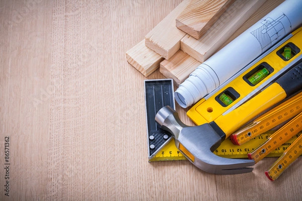 Fototapeta Copy space image of big construction set on wooden board buildin