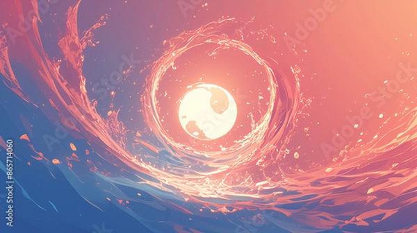 Obraz An artistic representation of a swirling vortex of water with a yin-yang symbol at the center, set against a gradient background ranging from deep pink to light blue. The dynamic movement of the water