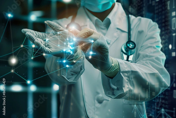 Fototapeta Medical Worker Interacting With Virtual Network in a Modern Healthcare Setting