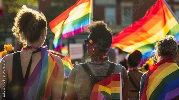 Obraz Pride people crowd with rainbows flags and signs in the annual Pride Parade as it passes through city street.