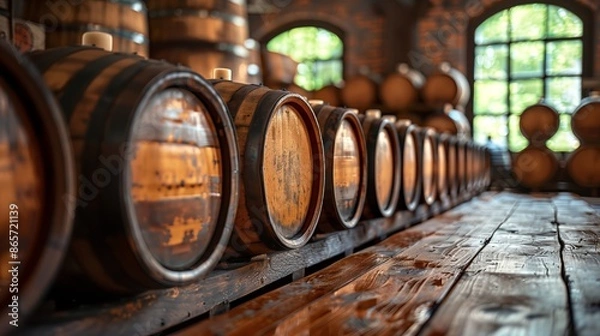 Fototapeta A perspective view of old wooden barrels lined up inside a traditional wine cellar with brick walls and arched windows