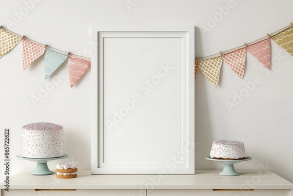 Fototapeta Party Sign Display frames, Frame Mockup at Party,  Empty Frames to insert art or photos, Happy Birthday Cake with display and decor, sweet table with mockup display 