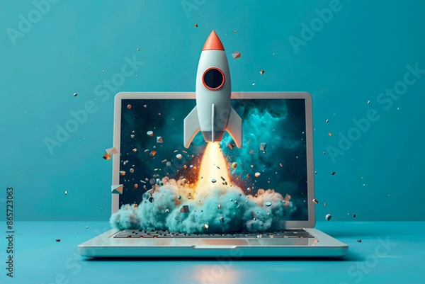 Fototapeta  A dynamic illustration of a rocket launching from a laptop screen, symbolizing innovation and digital technology. Ideal for themes of startups, tech advancements, and space exploration. Generative Ai
