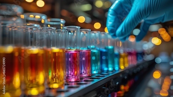 Fototapeta A detailed view of colorful chemical samples being carefully handled with a pipette by a researcher wearing protective gloves in the sterile environment of a contemporary medical laboratory