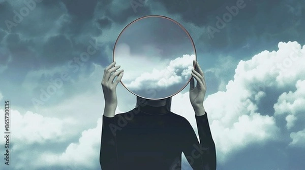 Fototapeta Surreal image of a person holding a mirror reflecting clouds, blending with a cloudy sky backdrop