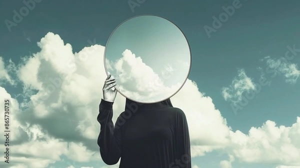 Fototapeta Surreal image of a person holding a mirror reflecting clouds, blending with a cloudy sky backdrop
