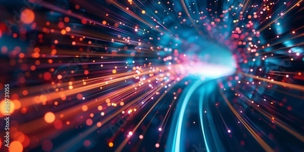 Fototapeta Abstract high speed technology motion light trail tunnel futuristic backgrounds, with light panoramic background with tunnel turn. Bright purple pink neon rays and lines glowing in ultraviolet light.