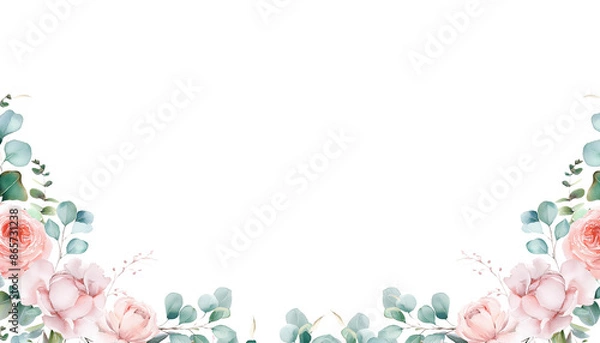 Fototapeta watercolor multi color Autumn floral corner border with dahlia, rose and eucalyptus leaves	