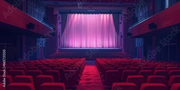 Fototapeta Empty blank cinema hall with red seats, luxury theater hall background, for movie, theatre, stage display, show, red banner.