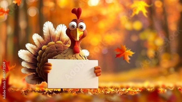 Fototapeta 3d cute cartoon happy turkey character holding blank empty sign board for text on orange shiny autumn forest with falling leaves background, Thanksgiving fall season festive web banner.