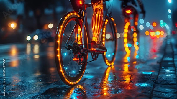 Fototapeta Cyclist undergoing knee rehabilitation with a glowing xray effect on the knee using resistance bands under the guidance of an athletic trainer