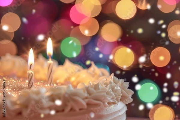 Obraz A close-up of a sparkling birthday candle on a beautifully frosted cake, with a blurred background of colorful lights.