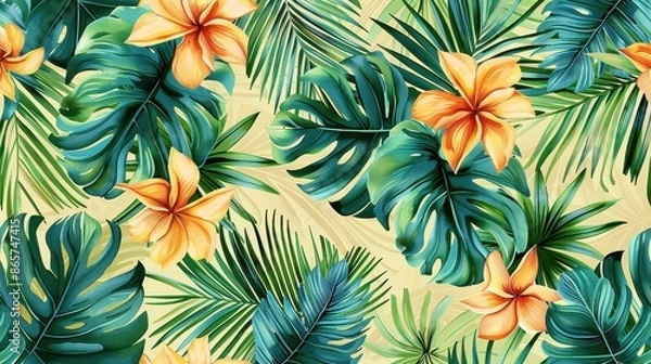 Obraz This image showcases a lively composition of orange flowers set within a diverse array of tropical leaves, creating a tropical paradise with vibrant colors and lush greenery.