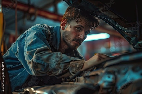 Fototapeta A man is working on a car engine. He is wearing a blue jacket and has a beard