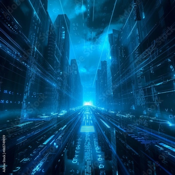 Fototapeta Futuristic Cityscape With Glowing Blue Light and Data Streaks
