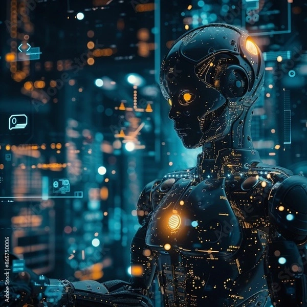Fototapeta Futuristic Robot Standing in a Digital World