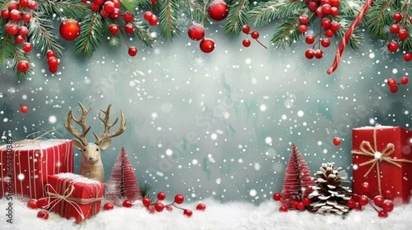 Fototapeta Christmas scene with plush reindeer, gifts, berries, pinecones, red ornaments, and snow-covered foliage, creating a festive and cozy winter holiday atmosphere.