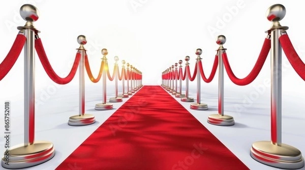 Fototapeta An elegant red carpet with golden stanchions lined up on both sides, leading to a grand entrance, creating a sense of importance and luxury for the event attendees.