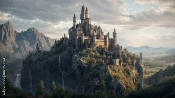 Obraz Majestic castle on a mountain with waterfalls and cloudy sky