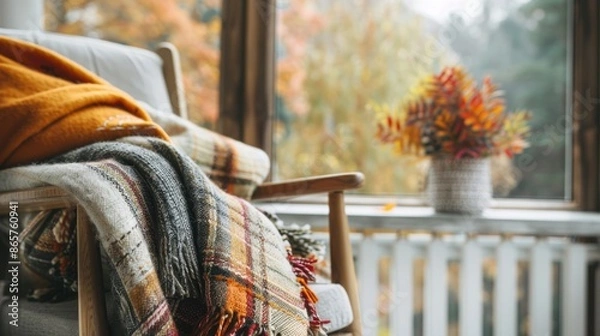 Obraz Autumnal Plaid Decor Cozy Blankets on Chair
