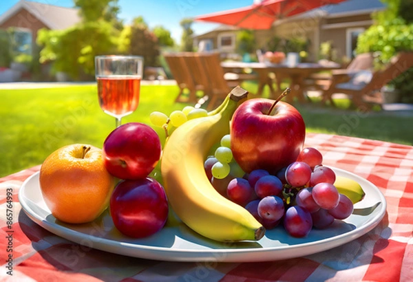 Obraz Healthy fresh fruit on a plate set with wine on picnic table outdoors in sunny back yard