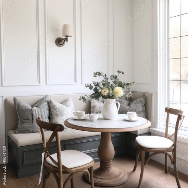 Fototapeta white color theme breakfast nook seating table seating farmhouse style by bay window