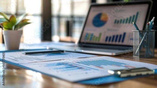 Fototapeta still life of financial reports and a laptop on a desk symbolizing business analysis and decisionmaking the composition suggests a blend of traditional and modern approaches to finance
