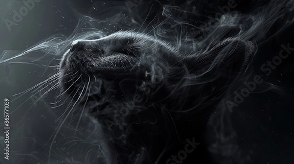Fototapeta A cat's face with whiskers is surrounded by ethereal smoke