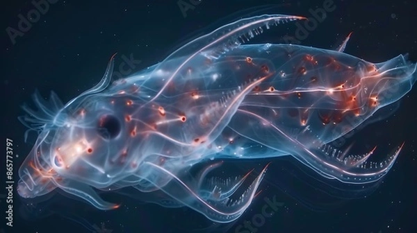 Obraz Within icy depth of Southern Ocean ethereal beauty of Antarctic salp revealed through lens of macrophotography setup Using specialized lighting technique translucent body delicate internal structure