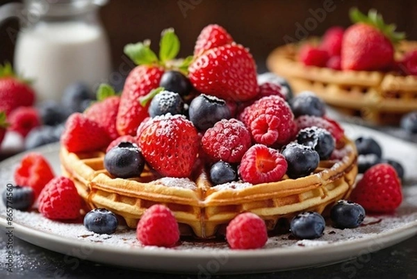 Fototapeta Berry-Topped Waffle: A close-up shot of waffle topped with fresh berries (strawberries, blueberries, and raspberries) and a dusting of powdered sugar.