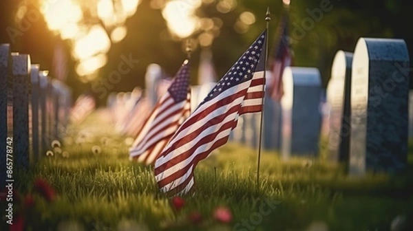 Fototapeta A row of American flags are displayed in a cemetery, 4th July Independence Day USA concept