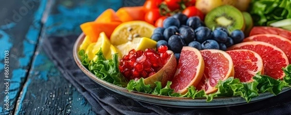 Fototapeta Healthy eating with a colorful plate of fruits and vegetables, balanced diet, nutrition