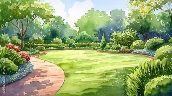 Fototapeta Landscaping watercolor sketch of a backyard with lush greenery and pathways, outdoor beauty, garden design