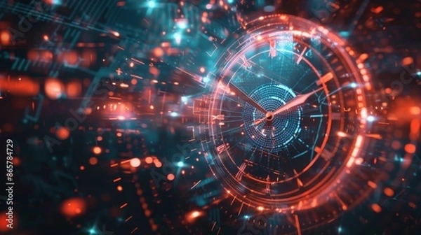Fototapeta Futuristic clock design with abstract hands in a high-tech environment