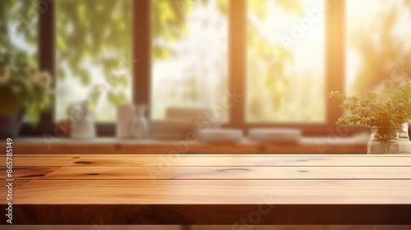 Fototapeta Wooden podium to present products with window and flat background in a kitchen. Mockup for branding, packaging